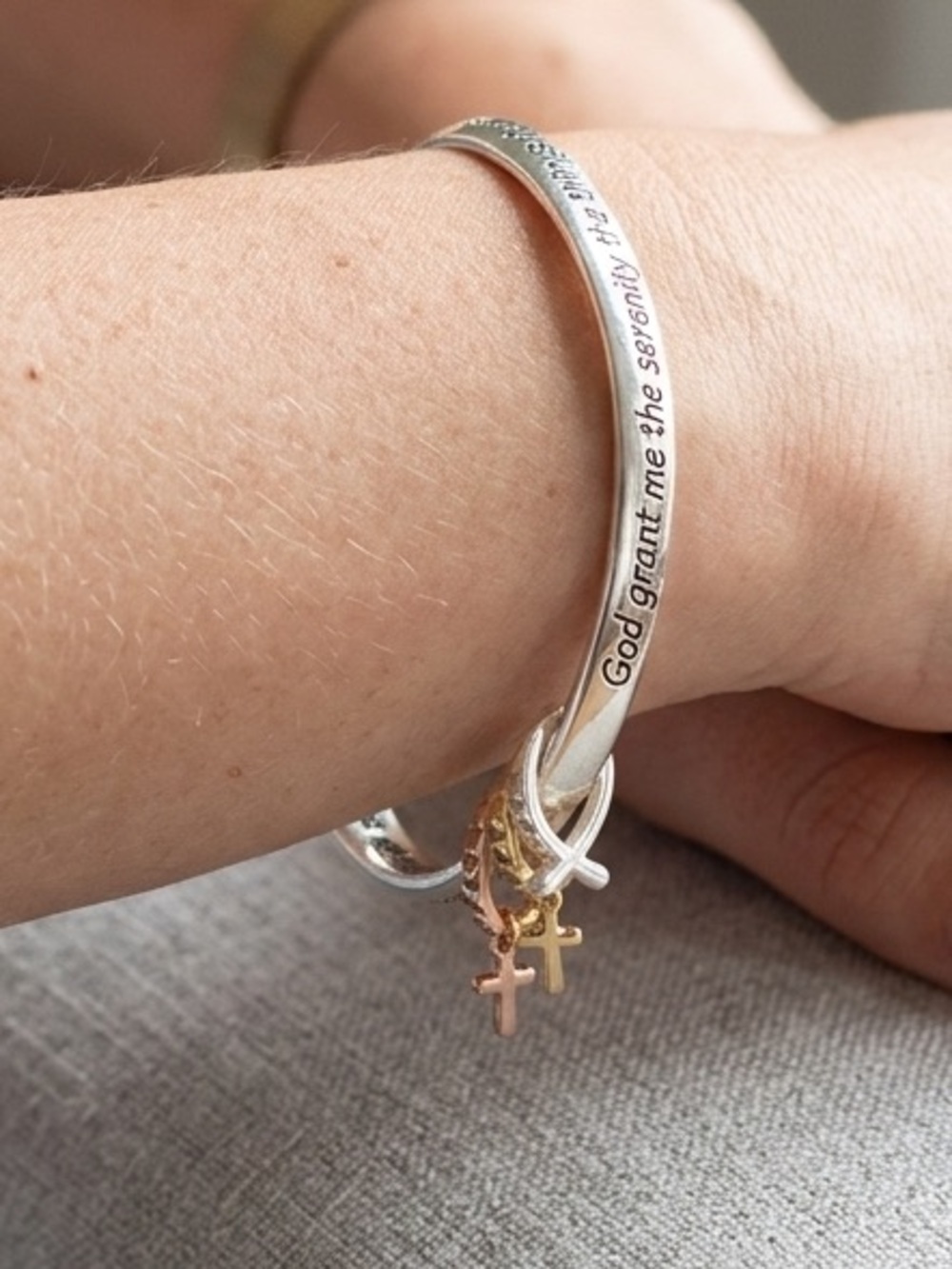Serenity Prayer Silver and Rose Gold Inspirational Bangle Bracelet - Picture 1 of 9